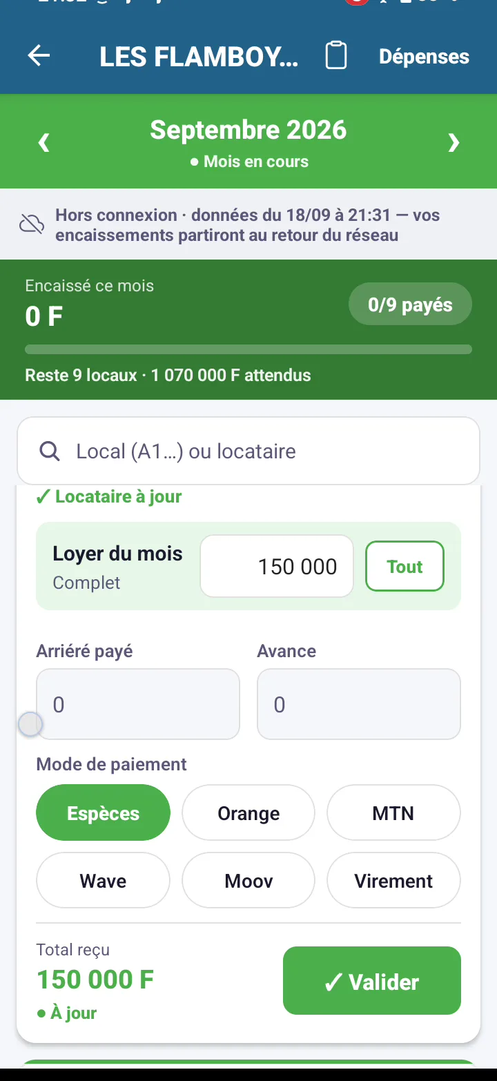 Application agent en mode avion : le bandeau « Hors connexion · données du 18/09 à 21:31 — vos encaissements partiront au retour du réseau », et un encaissement de 150 000 F en cours.