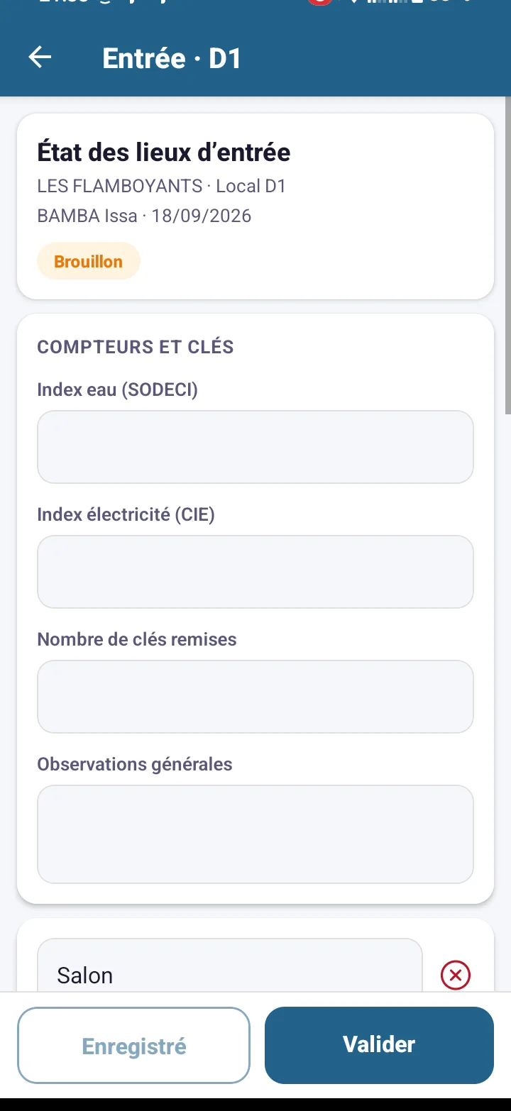 État des lieux d’entrée sur le téléphone : compteurs SODECI et CIE, nombre de clés remises, observations générales.